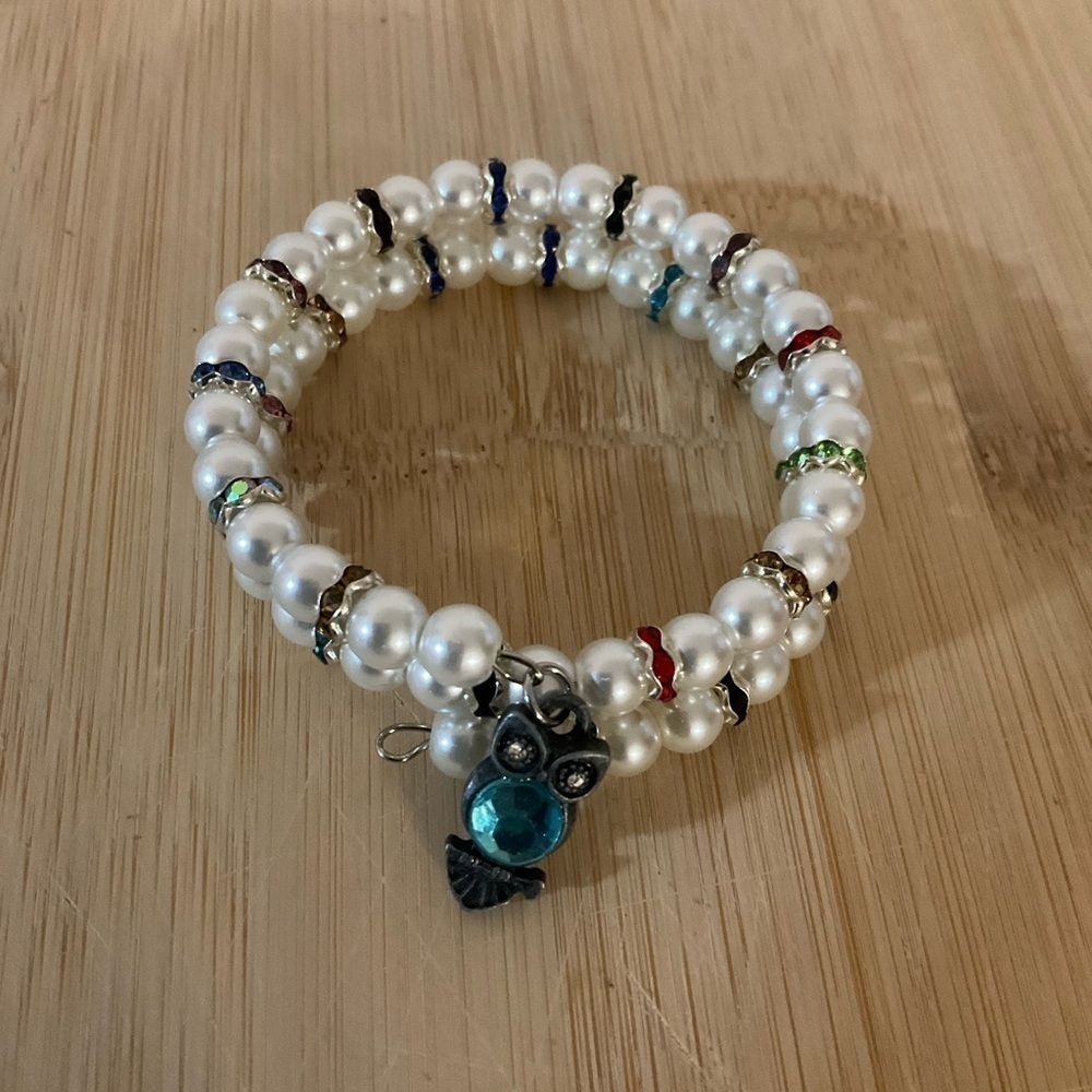 Hand Crafted Elegant Pearl Wrap Bracelet with Owl Charm and Rhinestones